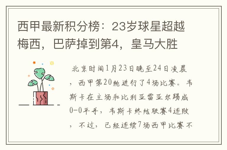 西甲最新积分榜:23岁球星超越梅西,巴萨掉到第4,皇马大胜