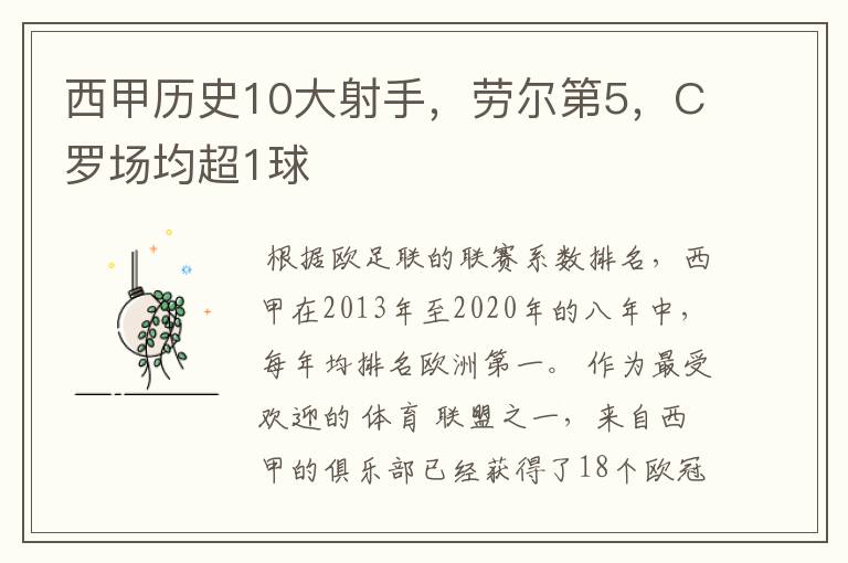 西甲历史10大射手,劳尔第5,C罗场均超1球