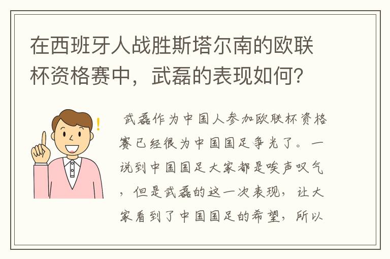 在西班牙人战胜斯塔尔南的欧联杯资格赛中,武磊的表现如何?