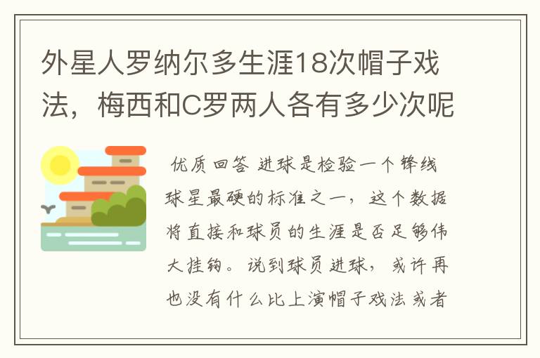 外星人罗纳尔多生涯18次帽子戏法,梅西和C罗两人各有多少次呢?