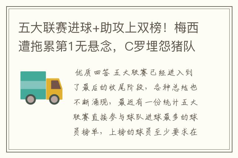 五大联赛进球+助攻上双榜!梅西遭拖累第1无悬念,C罗埋怨猪队友