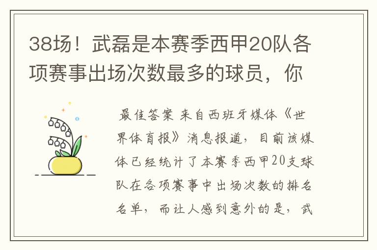 38场!武磊是本赛季西甲20队各项赛事出场次数最多的球员,你怎么看?