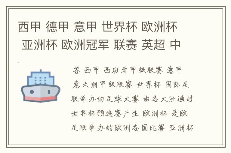 西甲 德甲 意甲 世界杯 欧洲杯 亚洲杯 欧洲冠军 联赛 英超 中超 分别是什么意思啊?