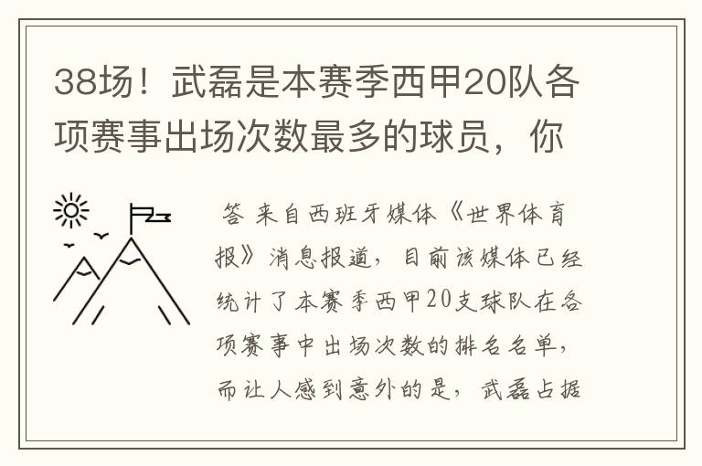 38场!武磊是本赛季西甲20队各项赛事出场次数最多的球员,你怎么看?