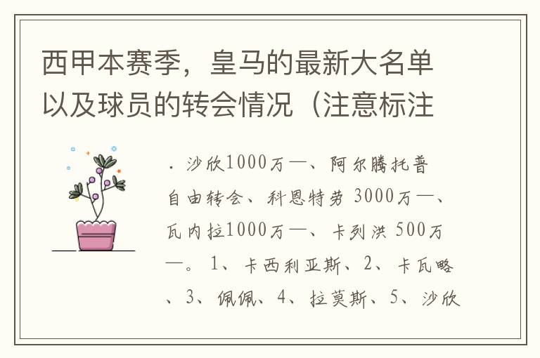 西甲本赛季,皇马的最新大名单以及球员的转会情况(注意标注球员身价)