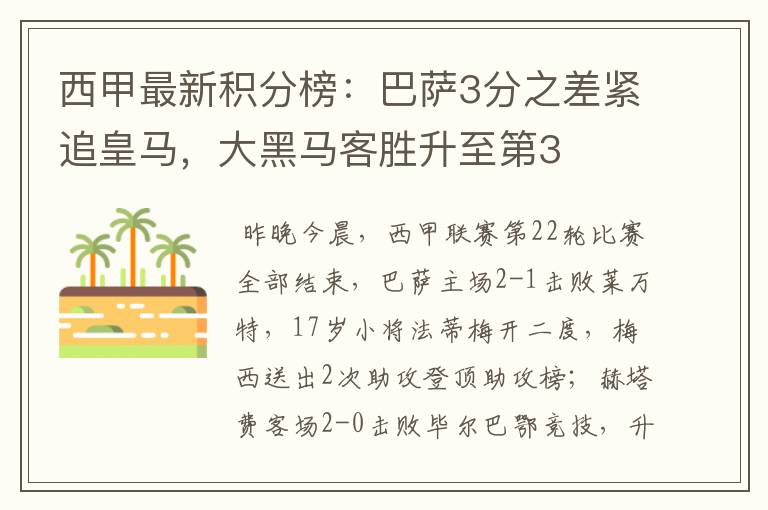 西甲最新积分榜:巴萨3分之差紧追皇马,大黑马客胜升至第3