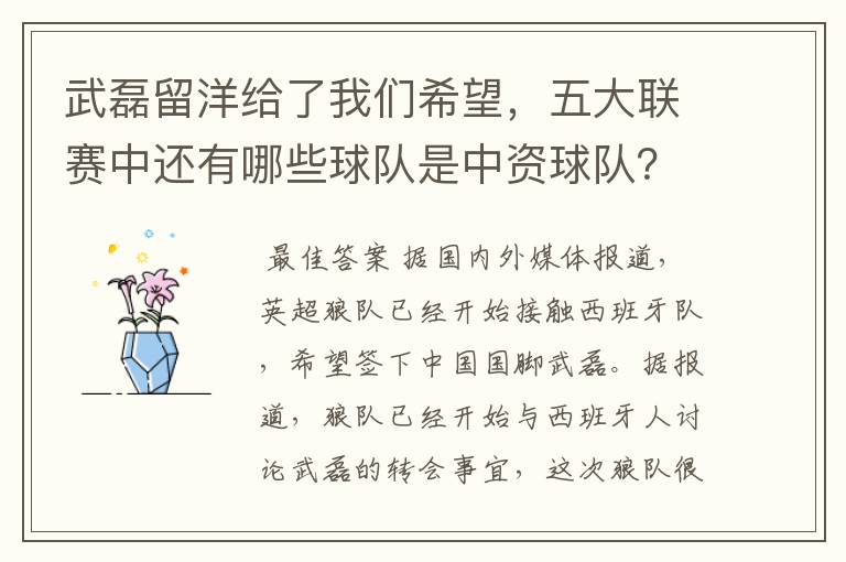 武磊留洋给了我们希望,五大联赛中还有哪些球队是中资球队?