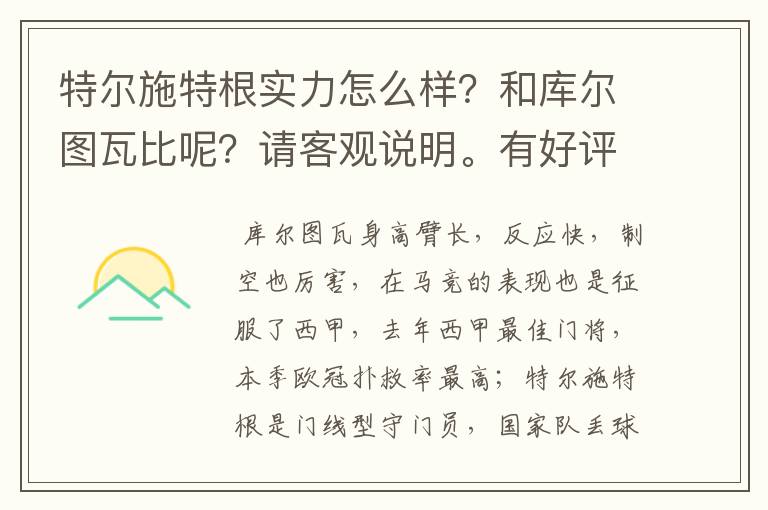 特尔施特根实力怎么样?和库尔图瓦比呢?请客观说明。有好评!