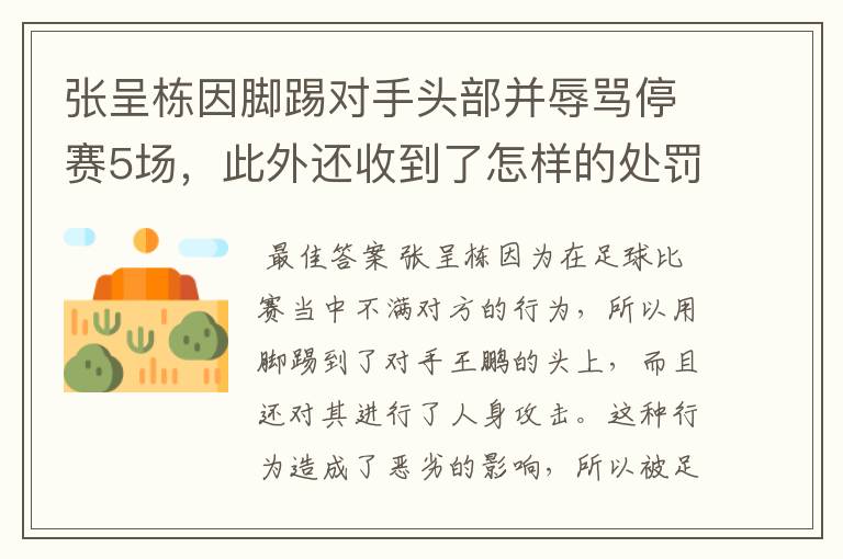 张呈栋因脚踢对手头部并辱骂停赛5场,此外还收到了怎样的处罚?