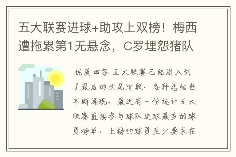 五大联赛进球+助攻上双榜!梅西遭拖累第1无悬念,C罗埋怨猪队友