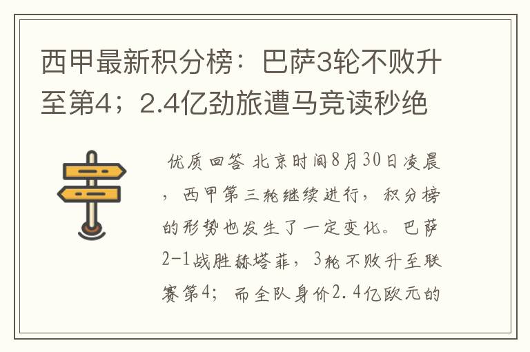西甲最新积分榜:巴萨3轮不败升至第4;2.4亿劲旅遭马竞读秒绝平