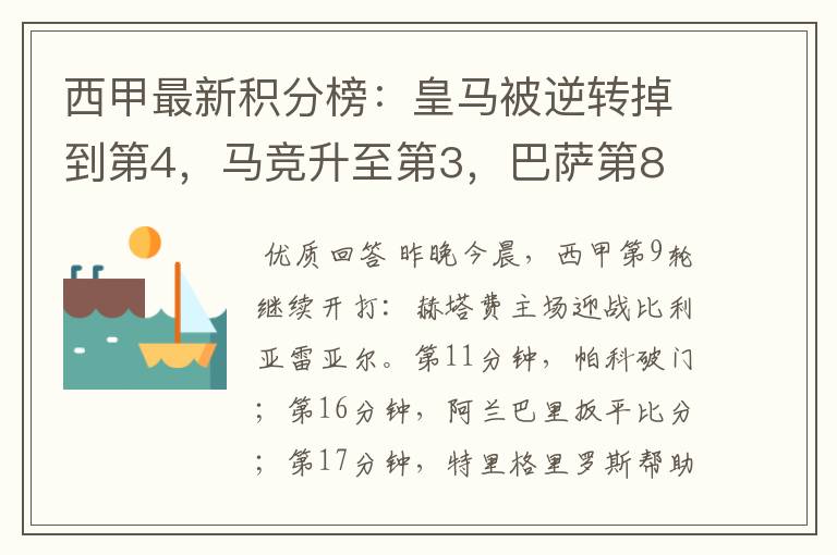 西甲最新积分榜:皇马被逆转掉到第4,马竞升至第3,巴萨第8