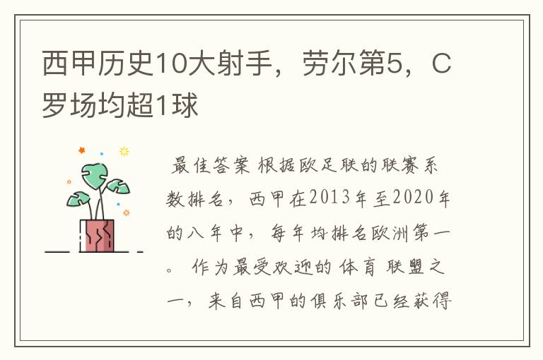 西甲历史10大射手,劳尔第5,C罗场均超1球
