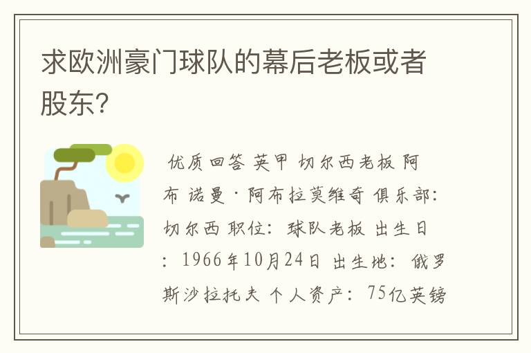 求欧洲豪门球队的幕后老板或者股东?