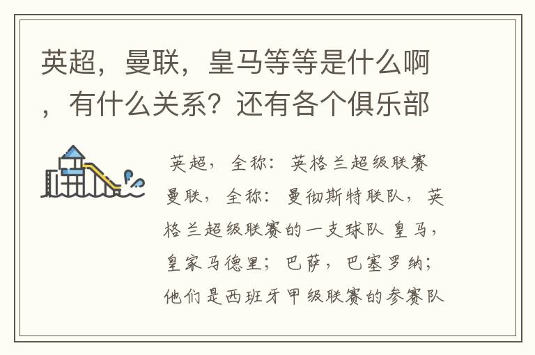 英超,曼联,皇马等等是什么啊,有什么关系?还有各个俱乐部,各个球队之间是什么关系