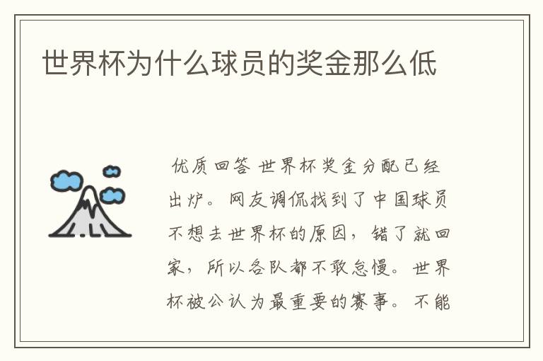 世界杯为什么球员的奖金那么低