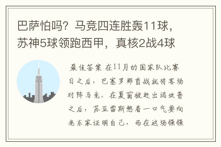 巴萨怕吗?马竞四连胜轰11球,苏神5球领跑西甲,真核2战4球