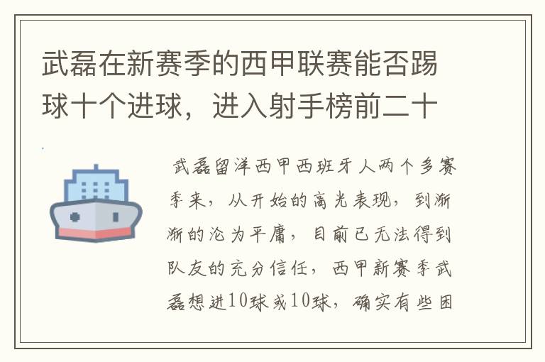 武磊在新赛季的西甲联赛能否踢球十个进球,进入射手榜前二十?