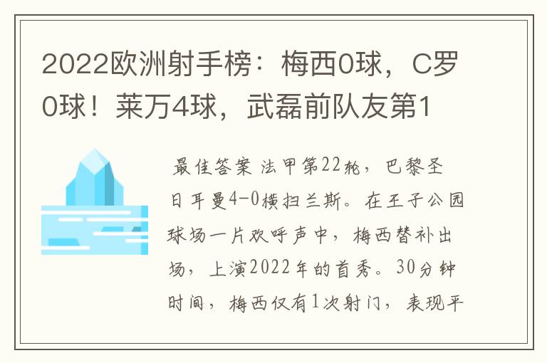 2022欧洲射手榜：梅西0球，C罗0球！莱万4球，武磊前队友第1