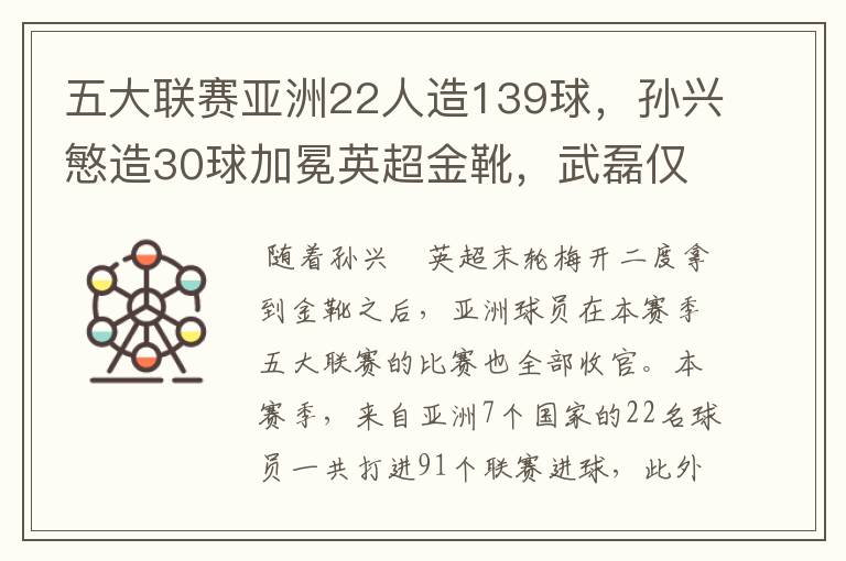 五大联赛亚洲22人造139球,孙兴慜造30球加冕英超金靴,武磊仅1球