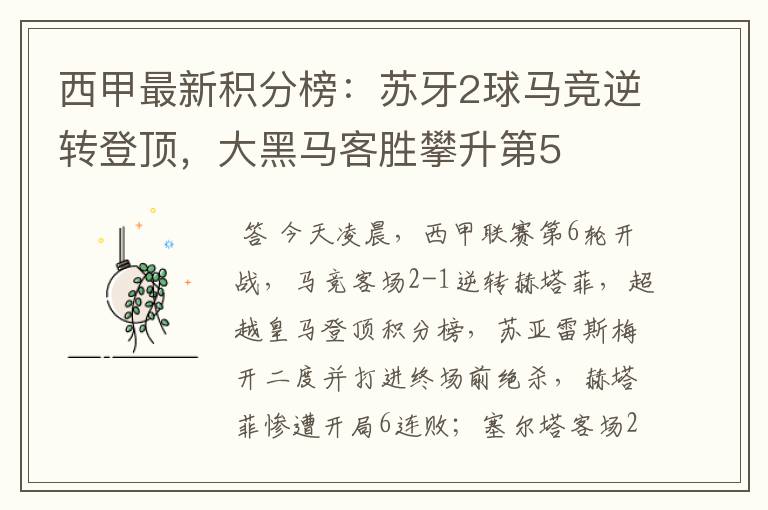 西甲最新积分榜:苏牙2球马竞逆转登顶,大黑马客胜攀升第5
