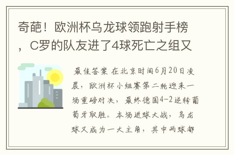 奇葩!欧洲杯乌龙球领跑射手榜,C罗的队友进了4球死亡之组又抢戏
