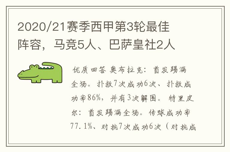 2020/21赛季西甲第3轮最佳阵容,马竞5人、巴萨皇社2人
