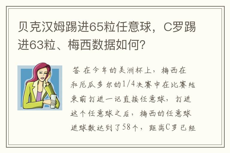 贝克汉姆踢进65粒任意球,C罗踢进63粒、梅西数据如何?
