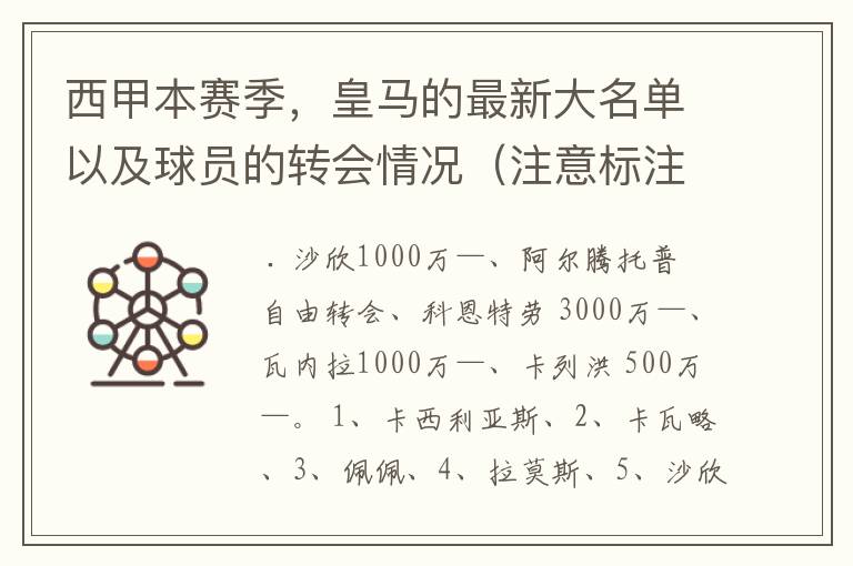 西甲本赛季,皇马的最新大名单以及球员的转会情况(注意标注球员身价)