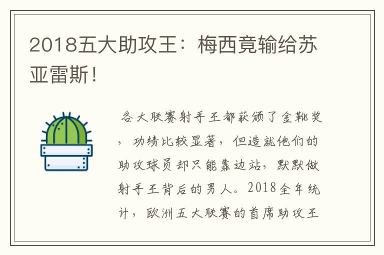 2018五大助攻王:梅西竟输给苏亚雷斯!