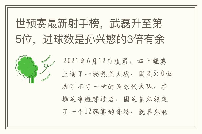 世预赛最新射手榜,武磊升至第5位,进球数是孙兴慜的3倍有余