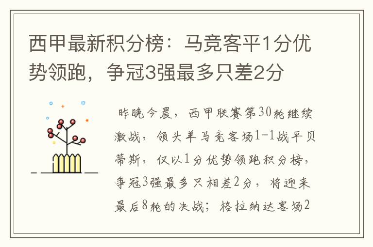 西甲最新积分榜:马竞客平1分优势领跑,争冠3强最多只差2分
