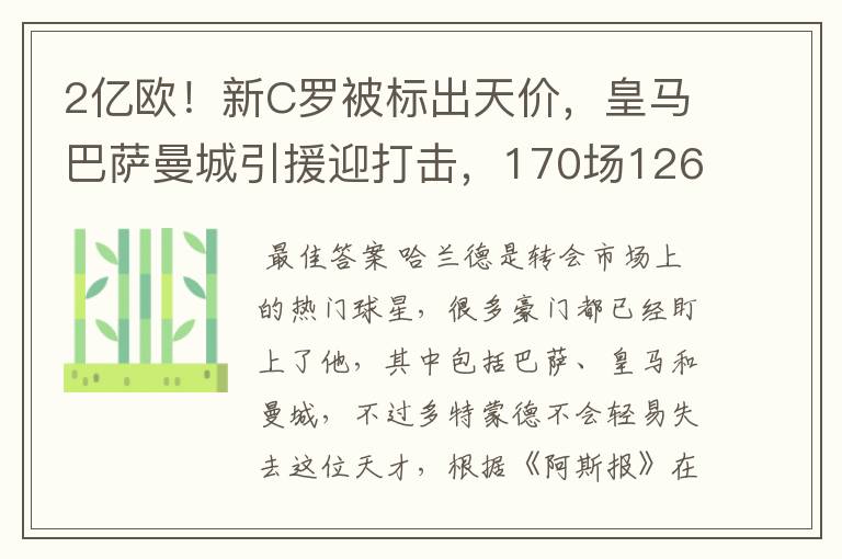 2亿欧!新C罗被标出天价,皇马巴萨曼城引援迎打击,170场126球