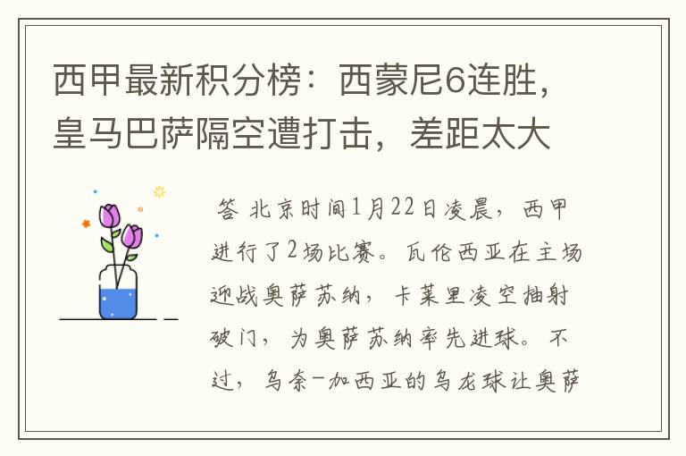 西甲最新积分榜:西蒙尼6连胜,皇马巴萨隔空遭打击,差距太大