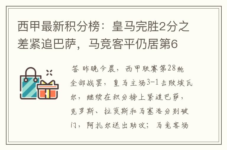 西甲最新积分榜:皇马完胜2分之差紧追巴萨,马竞客平仍居第6