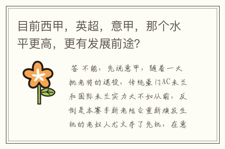 目前西甲,英超,意甲,那个水平更高,更有发展前途?