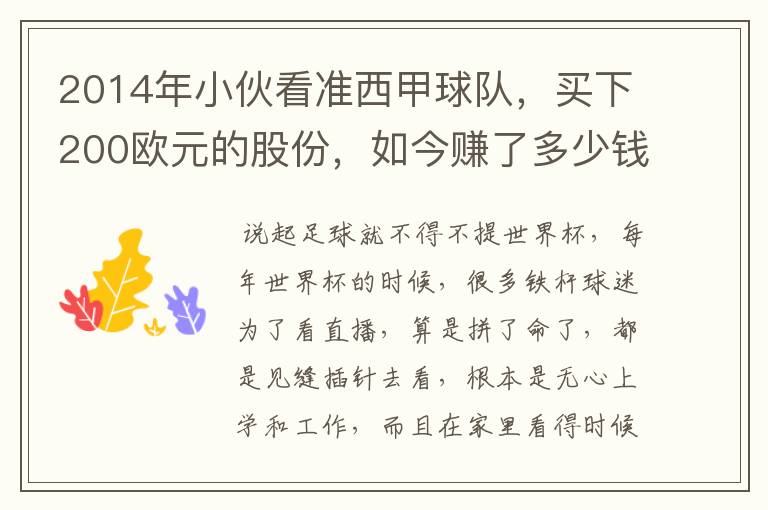 2014年小伙看准西甲球队,买下200欧元的股份,如今赚了多少钱?
