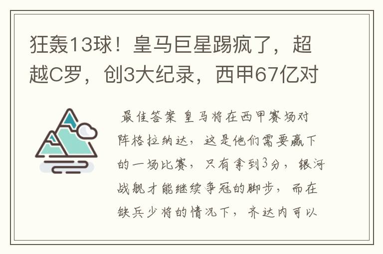 狂轰13球!皇马巨星踢疯了,超越C罗,创3大纪录,西甲67亿对决