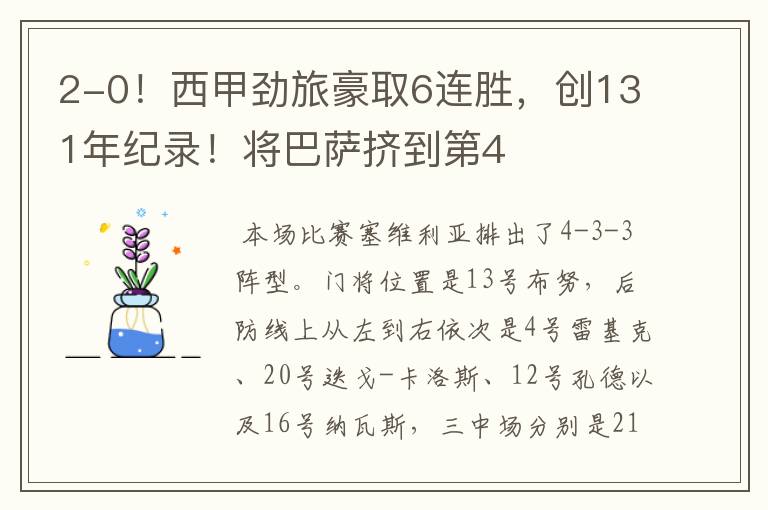 2-0!西甲劲旅豪取6连胜,创131年纪录!将巴萨挤到第4