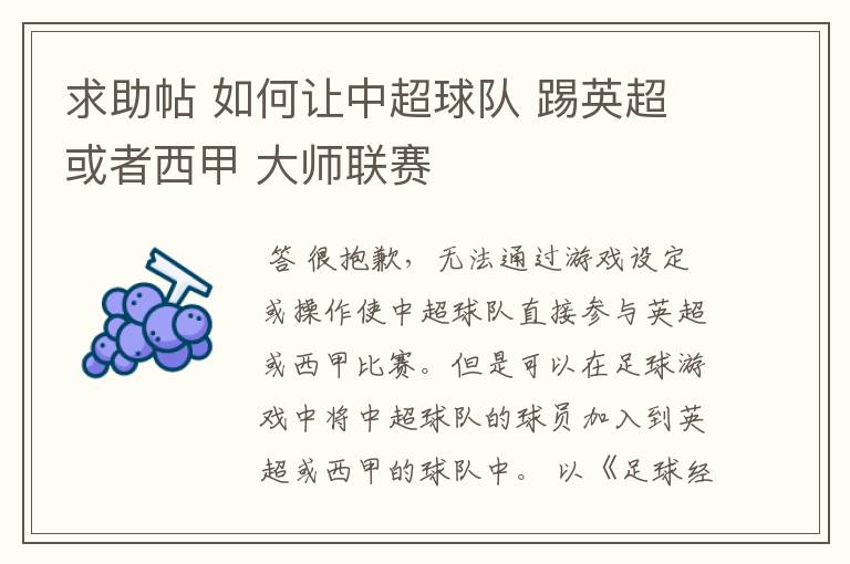 求助帖 如何让中超球队 踢英超或者西甲 大师联赛