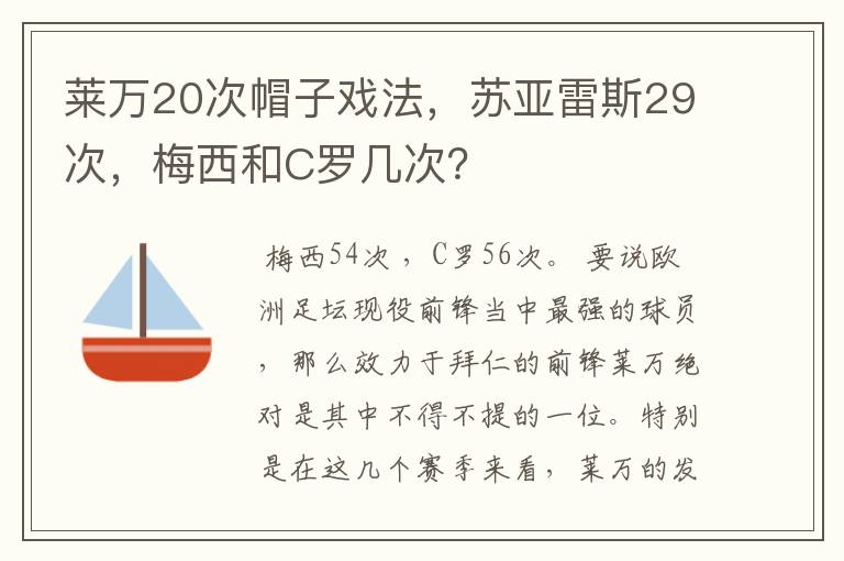 莱万20次帽子戏法,苏亚雷斯29次,梅西和C罗几次?