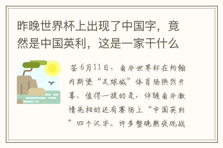 昨晚世界杯上出现了中国字,竟然是中国英利,这是一家干什么的公司啊?