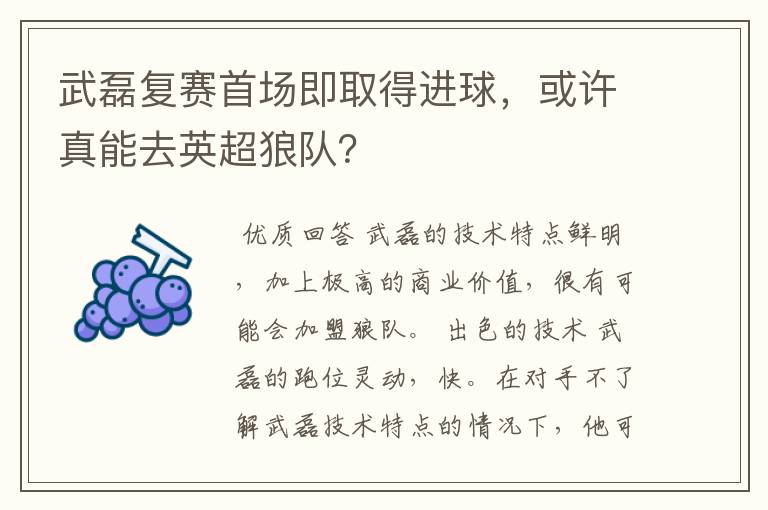 武磊复赛首场即取得进球,或许真能去英超狼队?