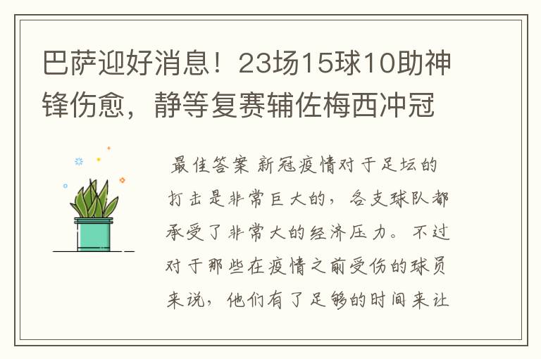 巴萨迎好消息!23场15球10助神锋伤愈,静等复赛辅佐梅西冲冠!