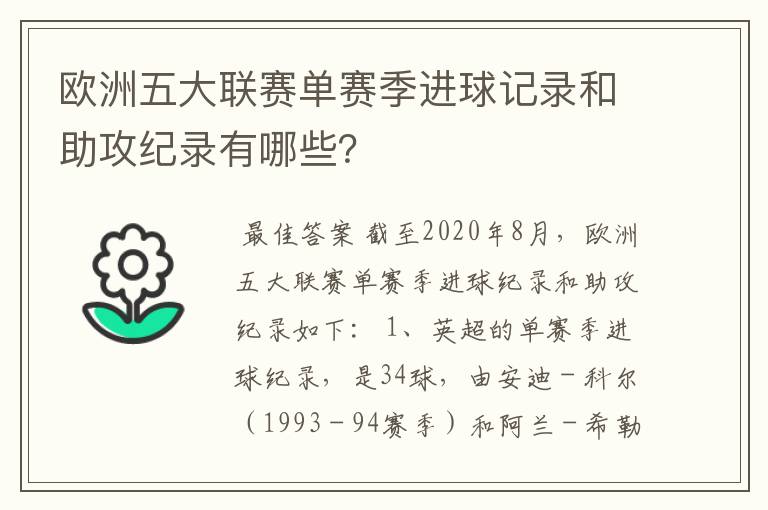 欧洲五大联赛单赛季进球记录和助攻纪录有哪些?