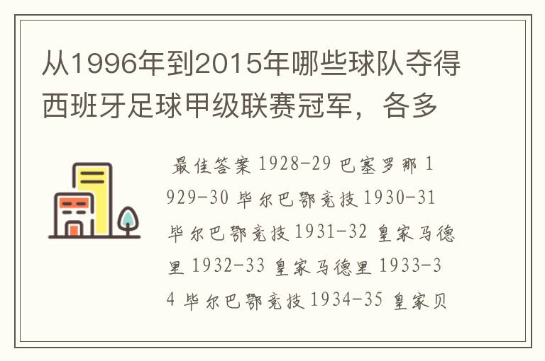 从1996年到2015年哪些球队夺得西班牙足球甲级联赛冠军,各多少次
