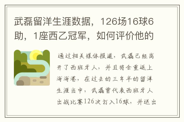 武磊留洋生涯数据,126场16球6助,1座西乙冠军,如何评价他的表现?