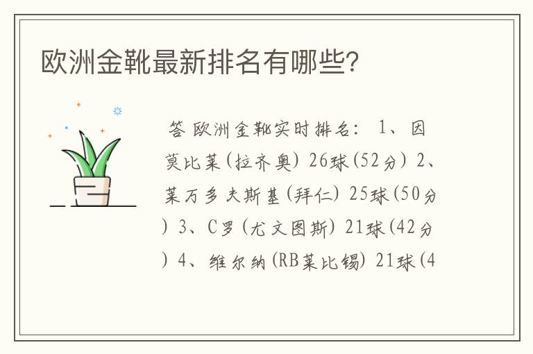欧洲金靴最新排名有哪些?