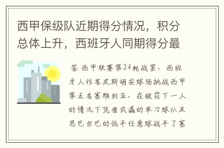 西甲保级队近期得分情况,积分总体上升,西班牙人同期得分最高