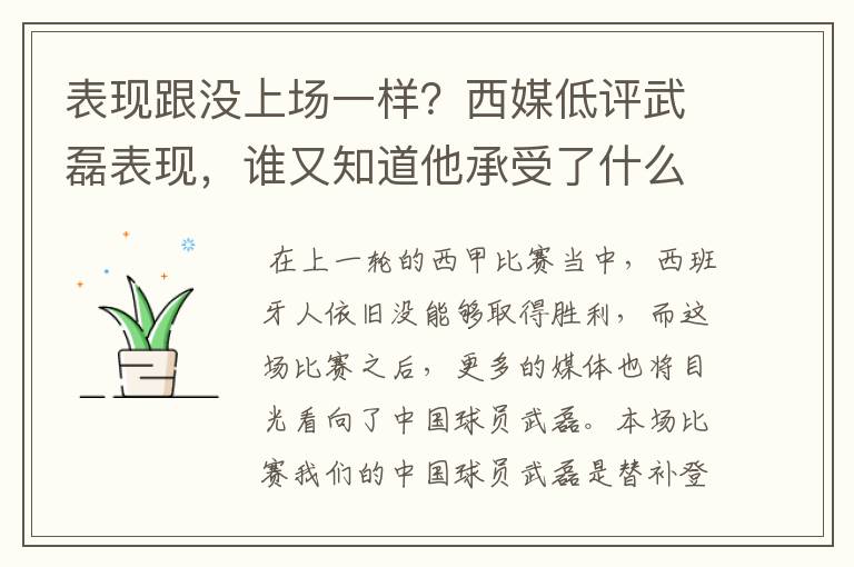 表现跟没上场一样?西媒低评武磊表现,谁又知道他承受了什么呢?